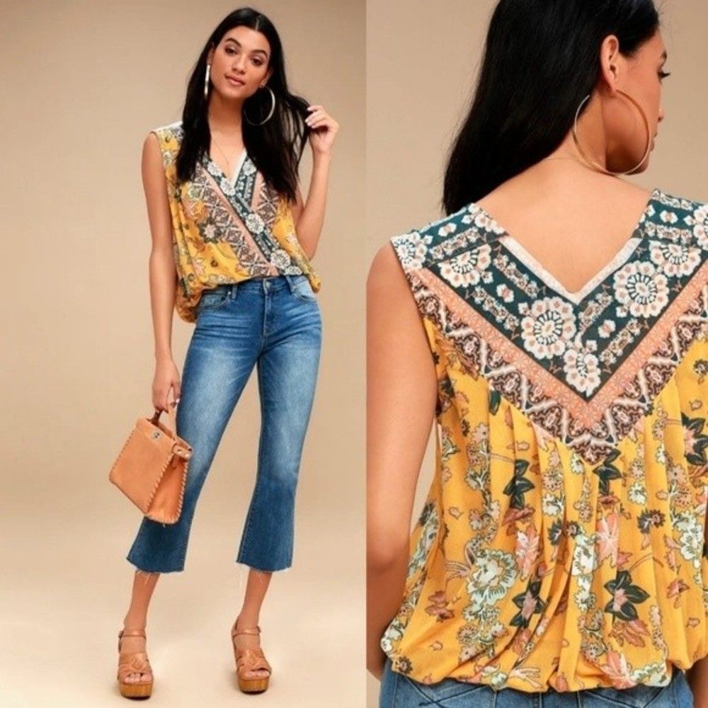 Free People Havana Golden Yellow Floral Print Sleeveless Surplice Top
